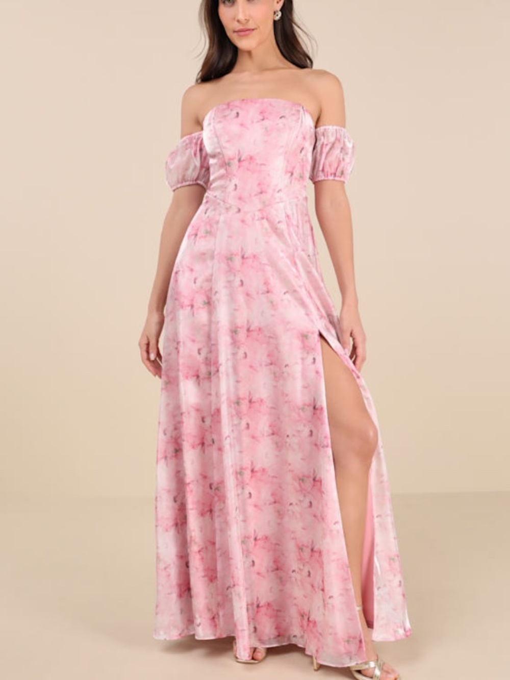 Lulus Idyllic Charisma Light Pink Floral Off-the-shoulder Maxi Dress - Size M